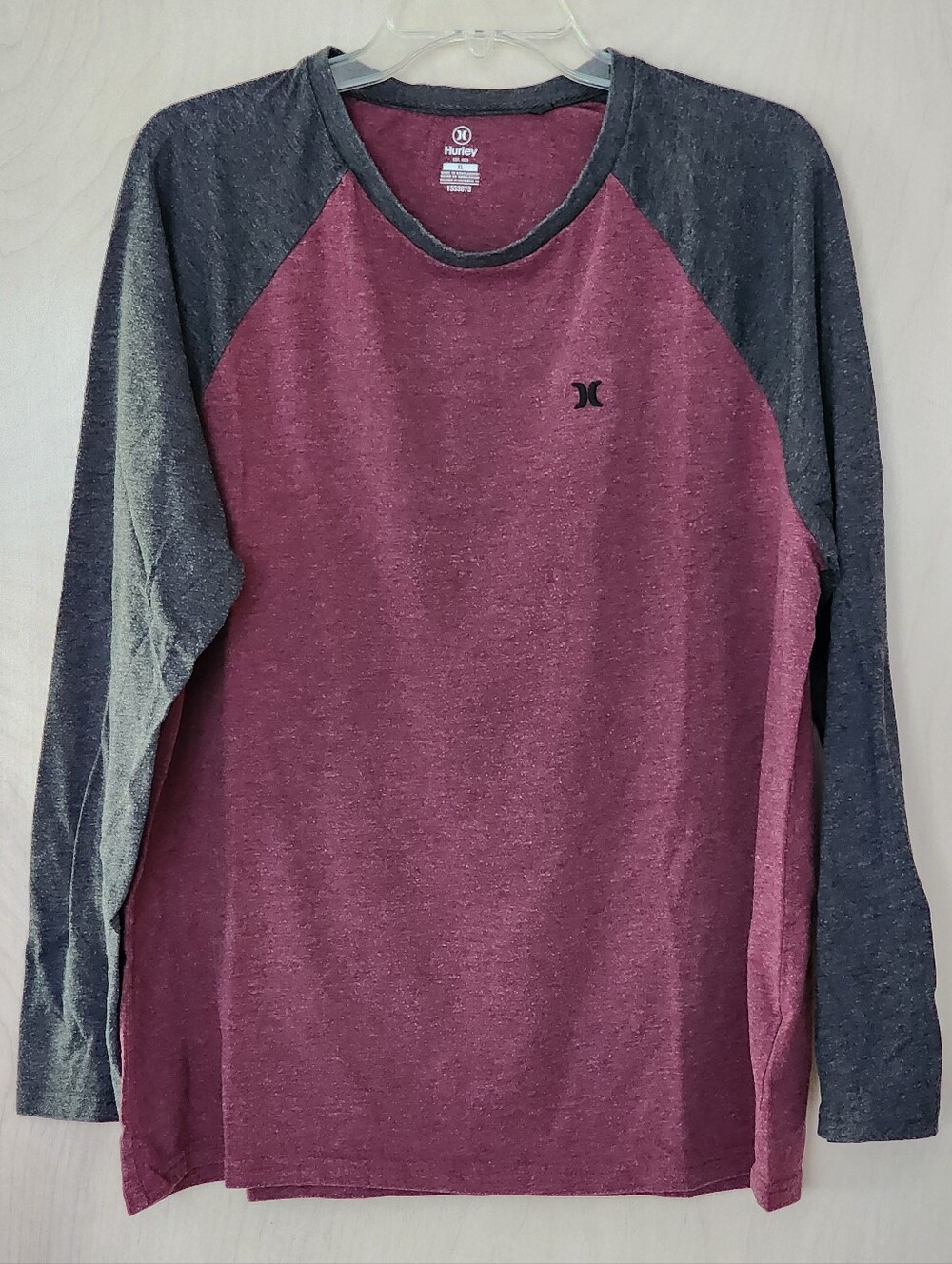 Hurley Men's Long-Sleeve Raglan Tee in Burgundy and Charcoal XL